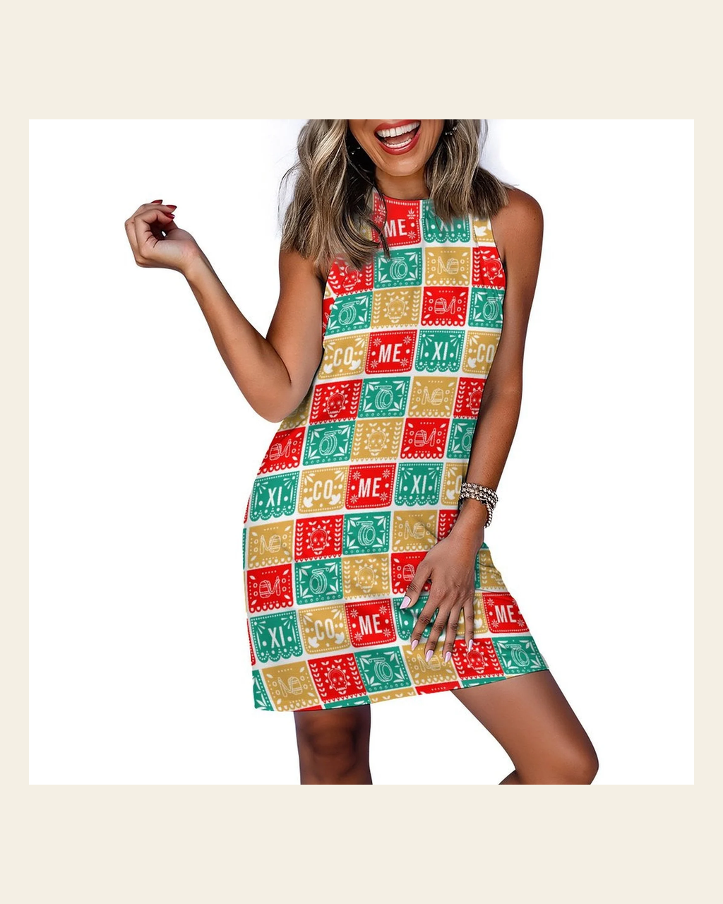 Baha Ranch Colores de Mexico Picado Sleeveless Mini Dress on a warm cream background