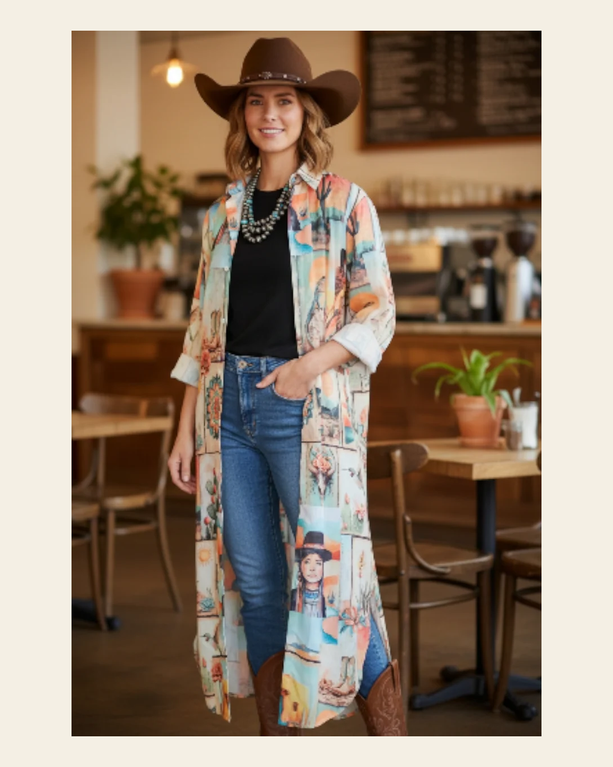 Baha Ranch Colores de Mexico Pictures of the Southwest Button-Up Long Sleeve Shirt Dress Duster on a warm cream background