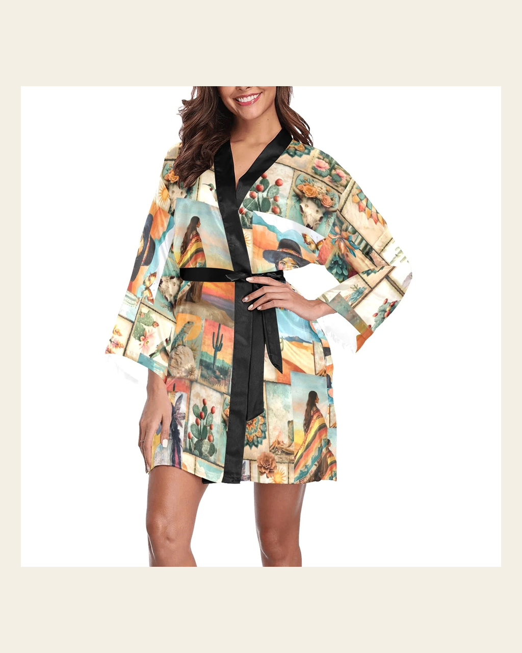 Baha Ranch Colores de Mexico Pictures of the Southwest Satin Kimono Sleeve Robe on a warm cream background