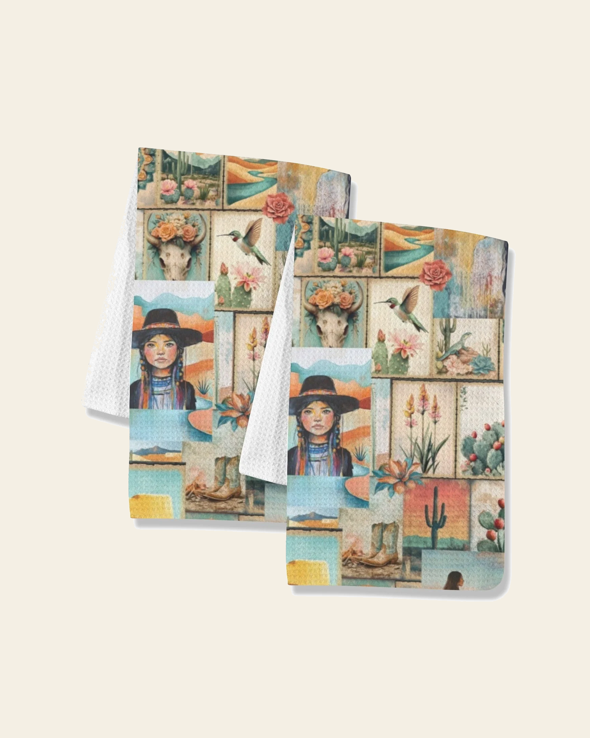Baha Ranch Colores de Mexico Pictures of the Southwest Set of 2 Dish Towels Made in America on a warm cream background