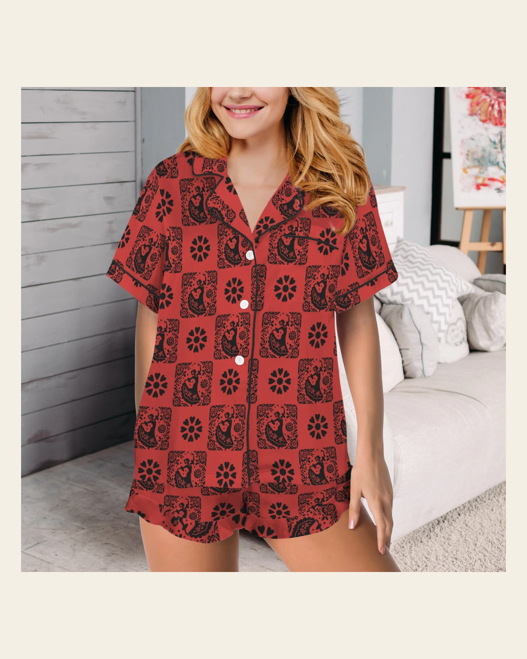 Baha Ranch Colores de Mexico Red Flamenco Mexican Tile Talavera Floral Satin Pajamas on a warm cream background