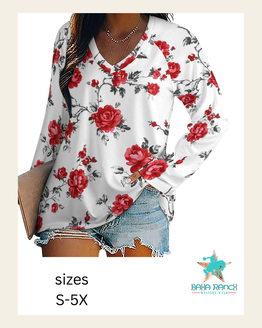 Baha Ranch Colores de Mexico Red Rose Floral Long Sleeve Top on a warm cream background