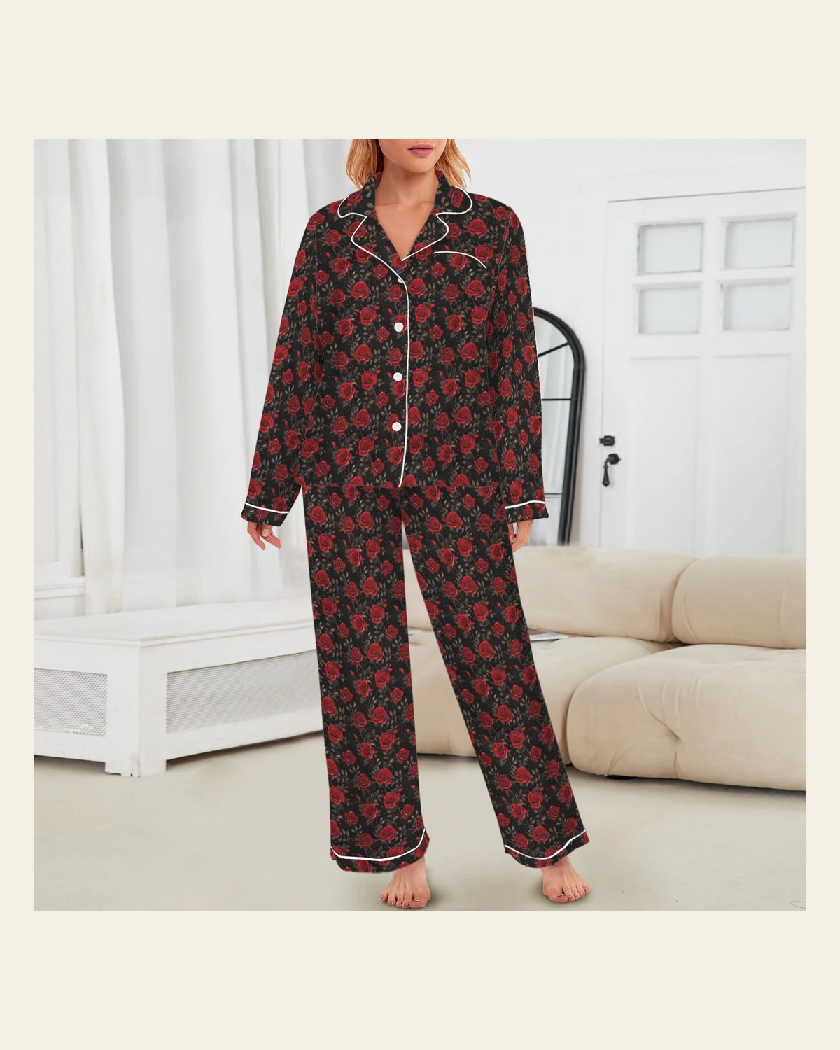 Baha Ranch Colores De Mexico Red Roses Satin Pajama Set on a warm cream background