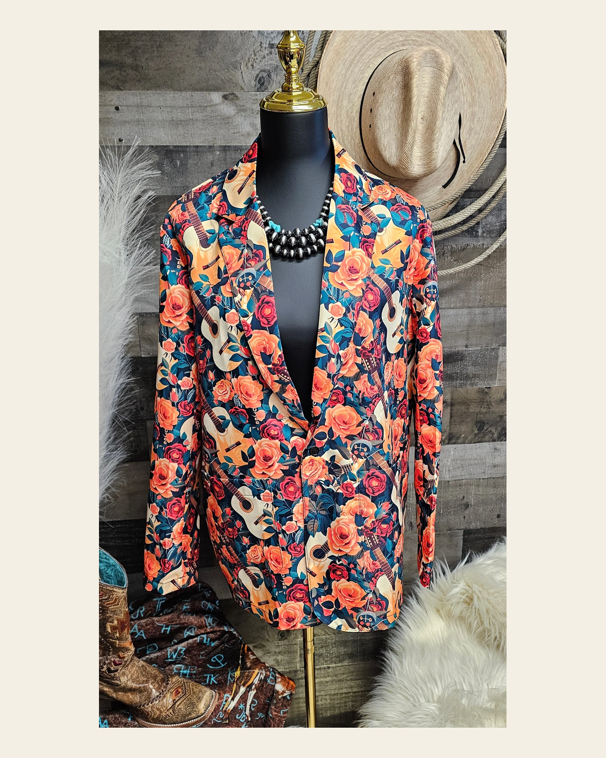 Baha Ranch Colores De Mexico Roses & Guitars Floral Blazer on a warm cream background