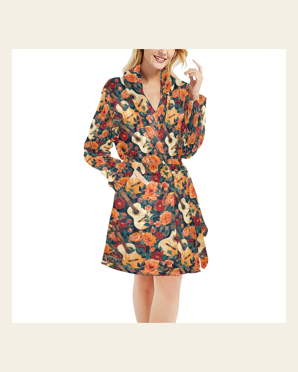 Baha Ranch Colores De Mexico Roses & Guitars Robe on a warm cream background