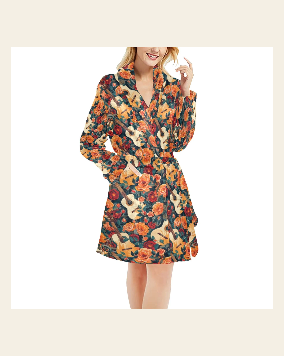 Baha Ranch Colores De Mexico Roses & Guitars Robe on a warm cream background