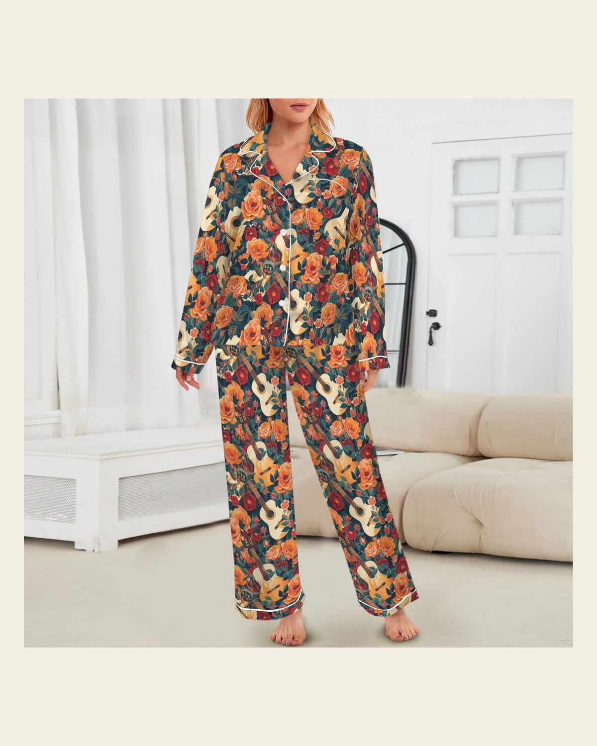 Baha Ranch Colores De Mexico Roses & Guitars Satin Pajamas on a warm cream background