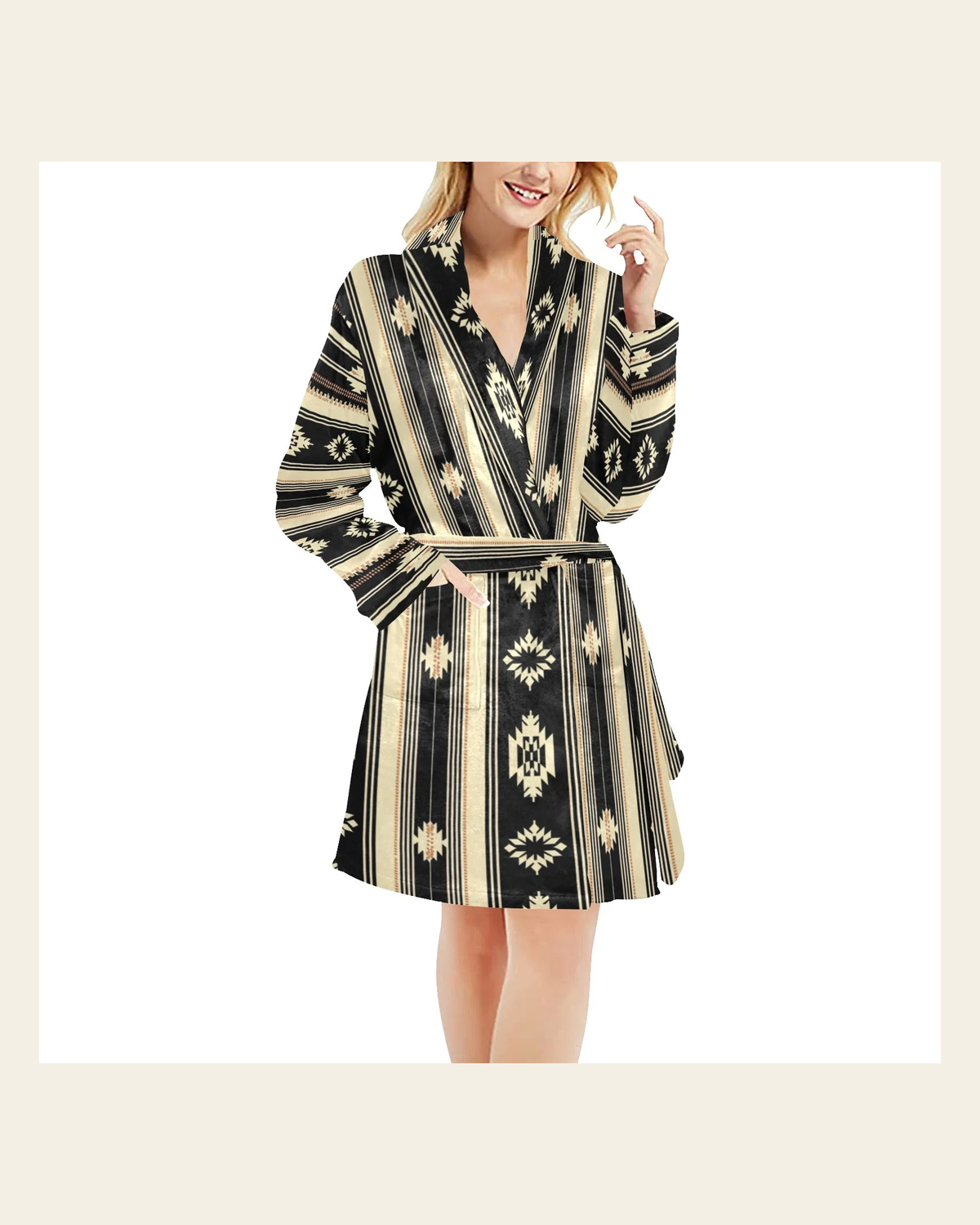 Baha Ranch Colores de Mexico Santa Fe Aztec Western Cowgirl Fleece Robe on a warm cream background