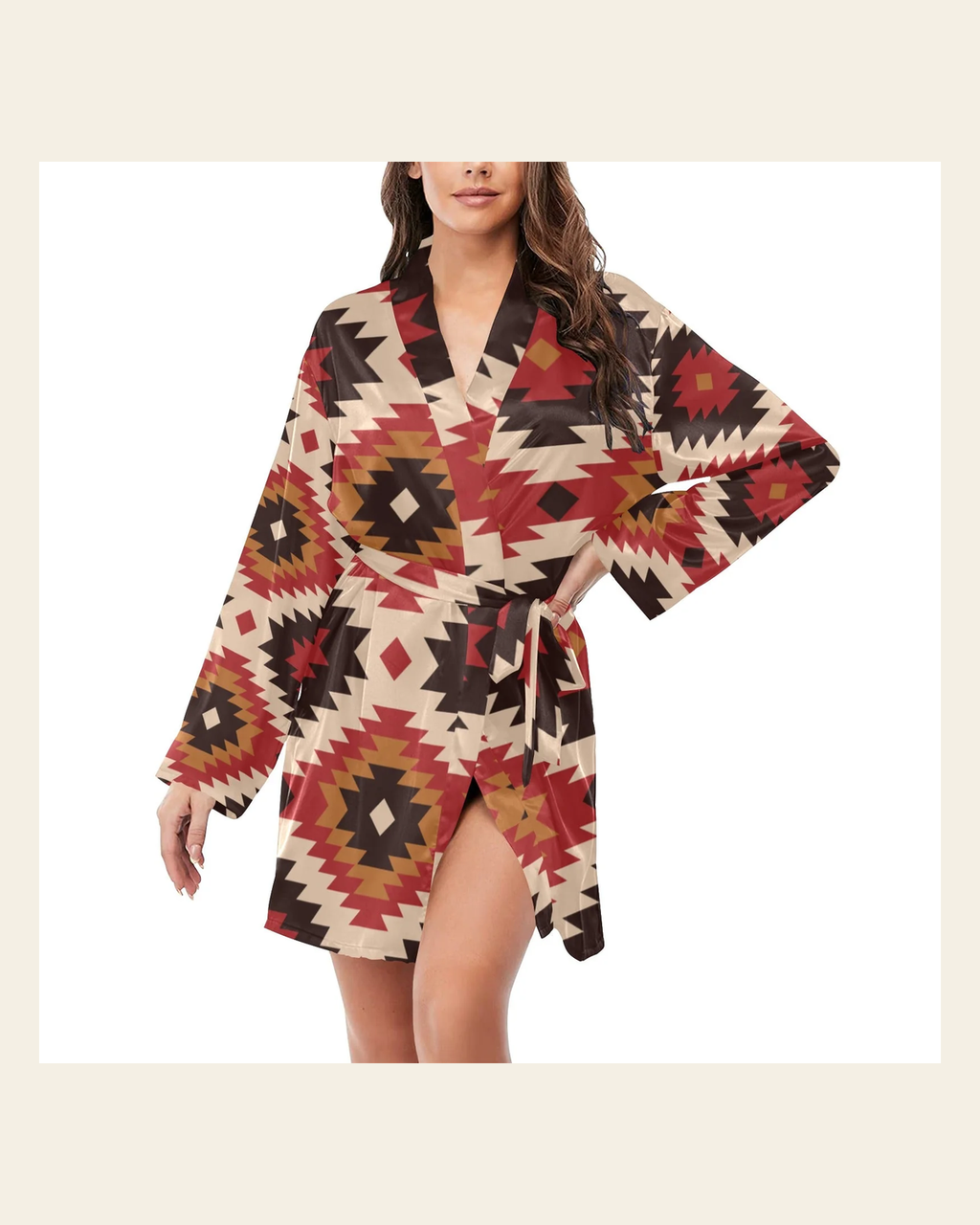 Baha Ranch Colores de Mexico Santa Fe Aztec Women's Belted Satin Feel Dressing Lounge Robe on a warm cream background