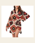 Baha Ranch Colores de Mexico Santa Fe Aztec Women's Belted Satin Feel Dressing Lounge Robe on a warm cream background