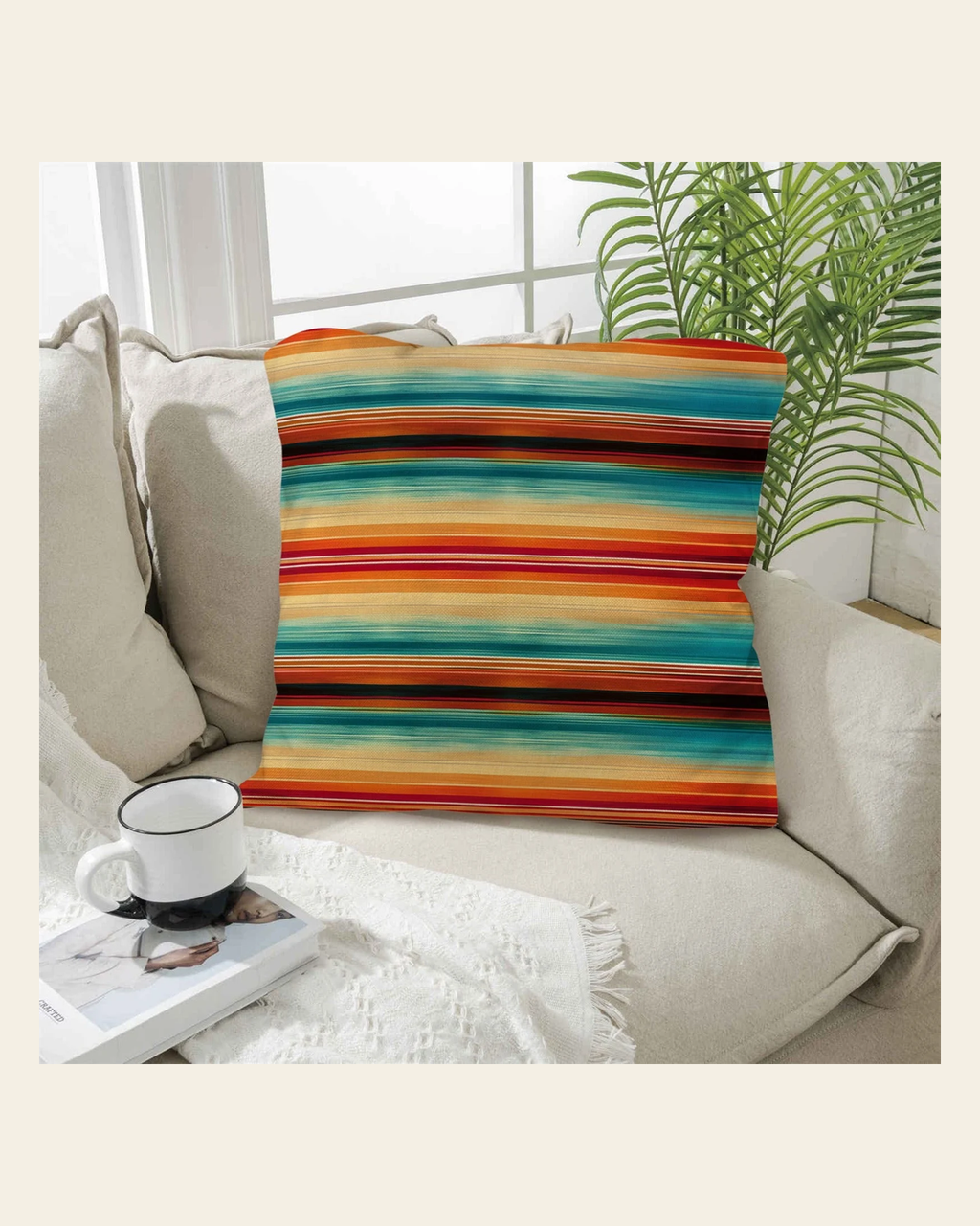 Baha Ranch Colores De Mexico Southwest Serape Pillow Case 18x18" Made in America on a warm cream background