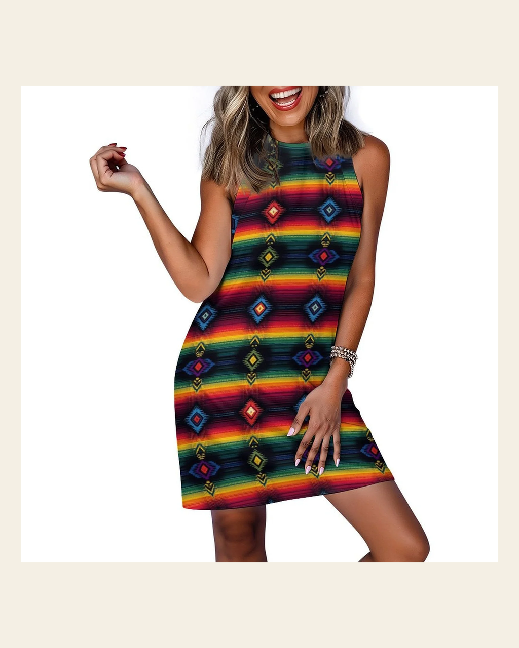 Baha Ranch Colores de Mexico Southwest Serape Sleeveless Mini Dress on a warm cream background