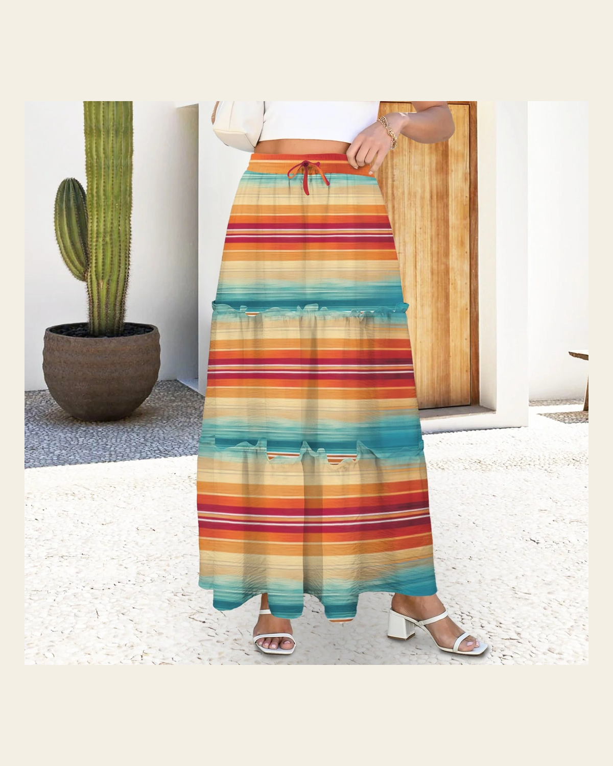 Baha Ranch Colores De Mexico Southwest Serape Tiered Prairie Maxi Skirt on a warm cream background