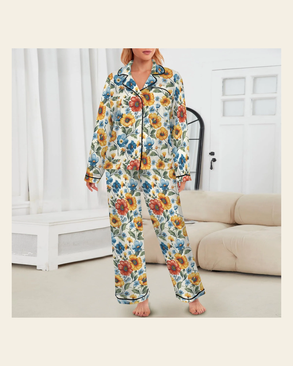 Baha Ranch Colores De Mexico Spring Florals Satin Pajamas on a warm cream background