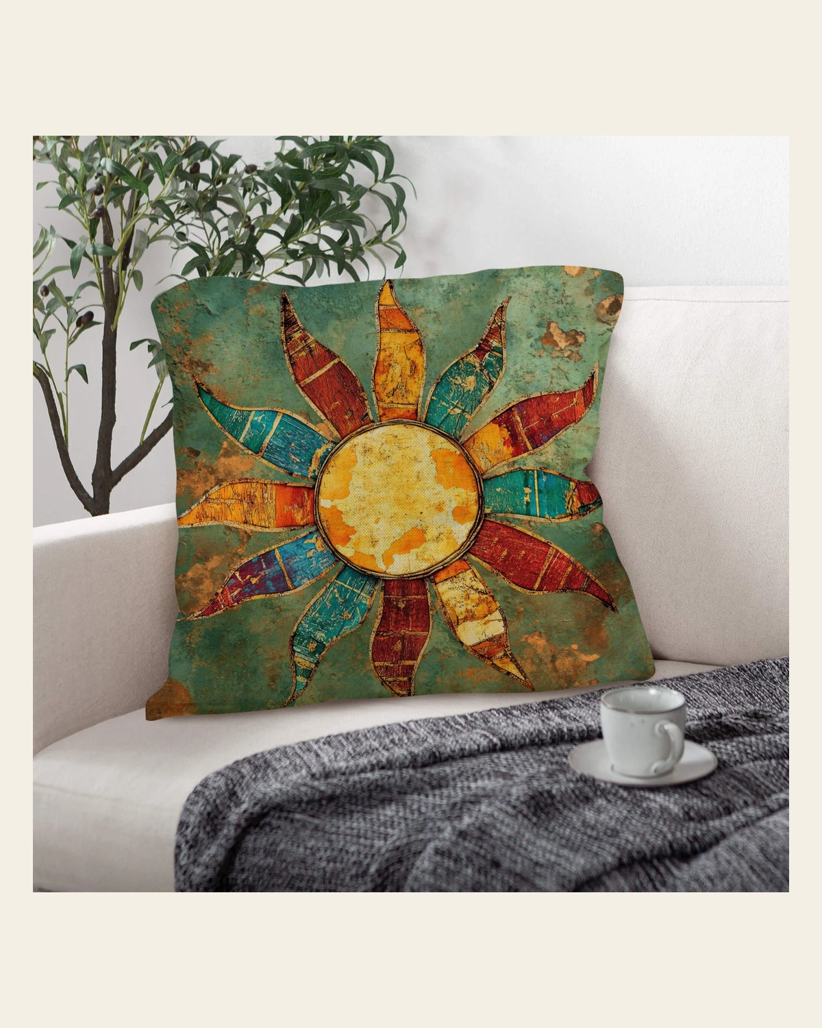 Baha Ranch Colores de Mexico Sun Face Throw Pillow Case Made in America on a warm cream background