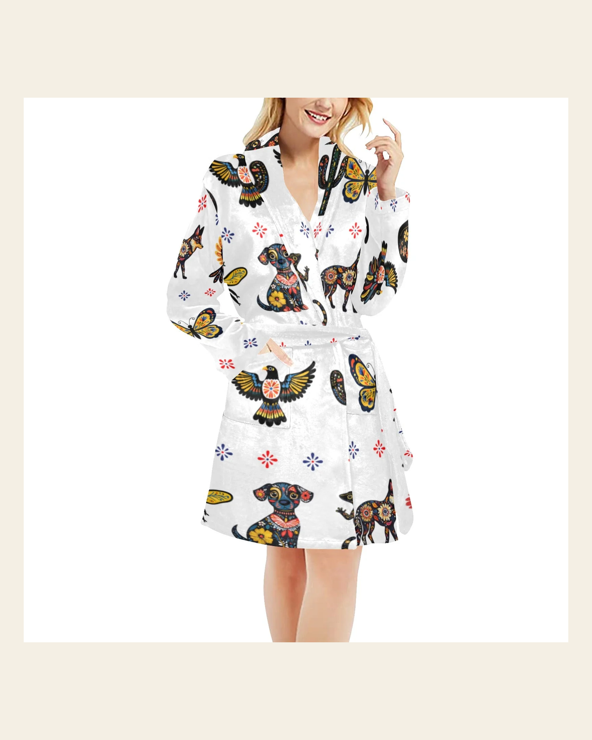 Baha Ranch Colores De Mexico Talavera Floral Animals Robe on a warm cream background