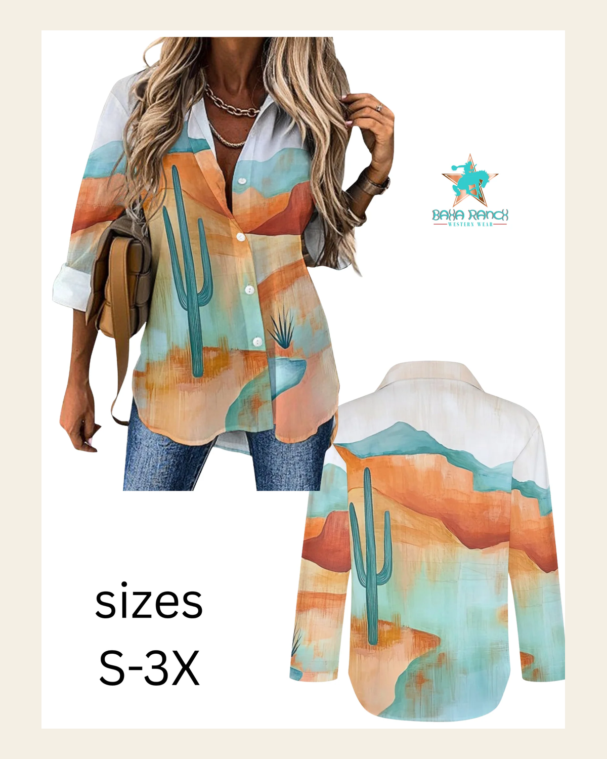 Baha Ranch Colores de Mexico Turquoise Desert Button Up Blouse on a warm cream background