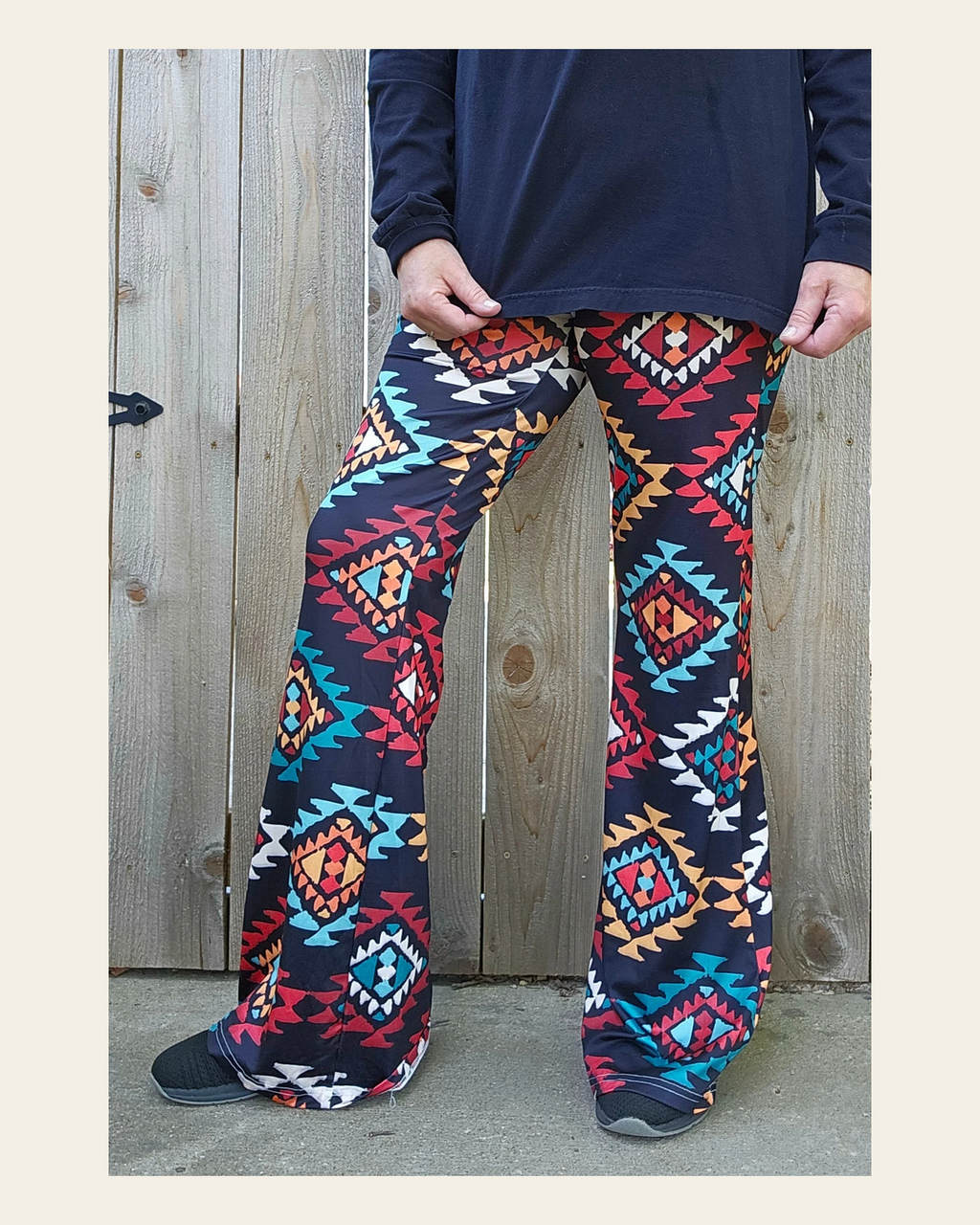 Baha Ranch Colorful Aztec Flare Pants on a warm cream background