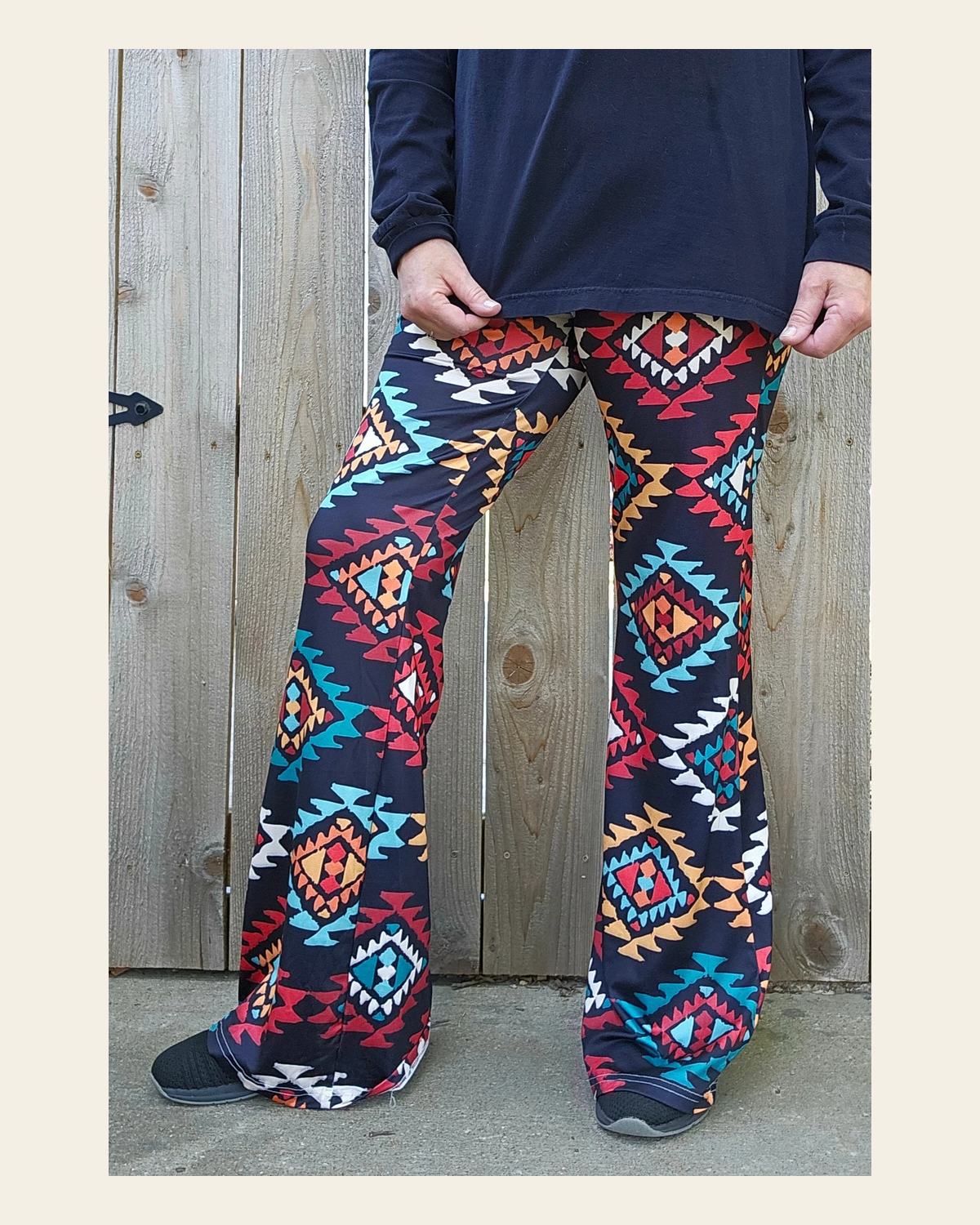 Baha Ranch Colorful Aztec Flare Pants on a warm cream background