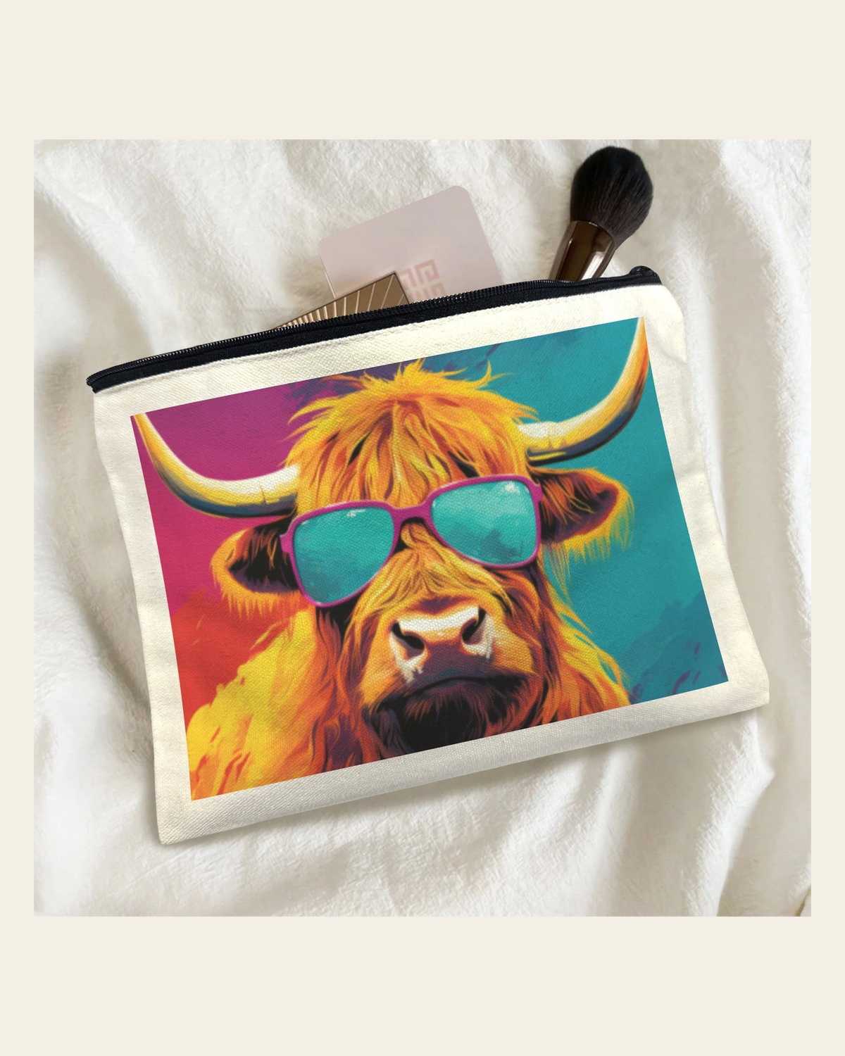 Baha Ranch Cool Highland Cow Cosmetic Bag Pack of 5 Made in America on a warm cream background