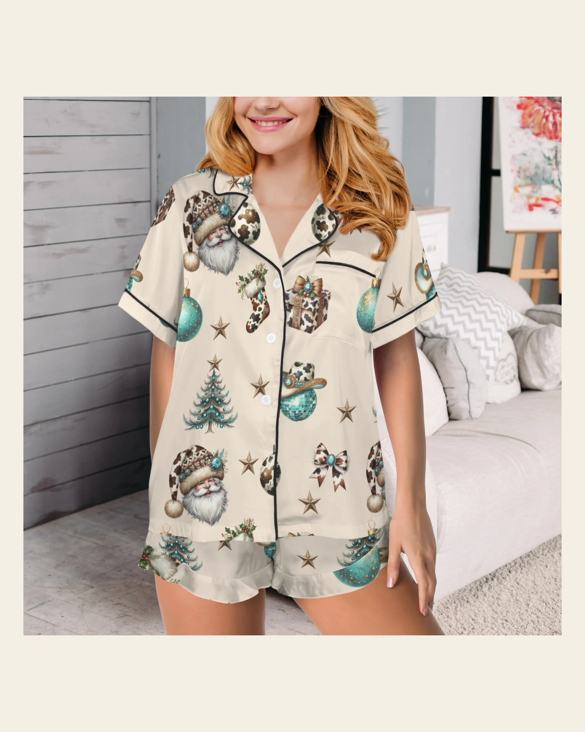 Baha Ranch Country Cow Print Christmas Satin Short Pajama Sets on a warm cream background