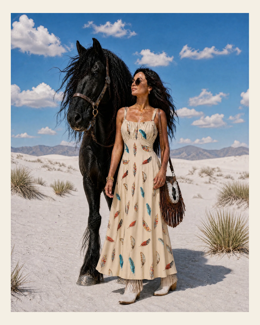Baha Ranch Country Girl Feather Print High Waist Sun Dress on a warm cream background
