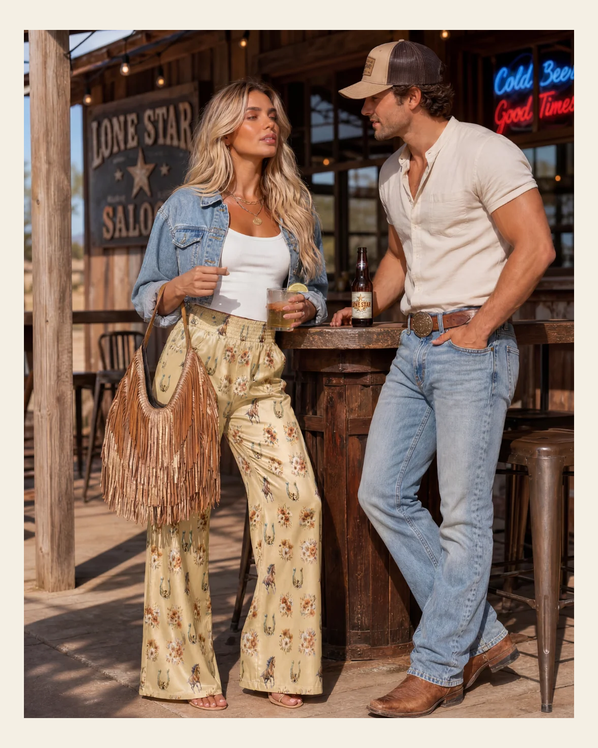 Baha Ranch Country Girl Floral Horse High Waisted Wide Leg Pants on a warm cream background