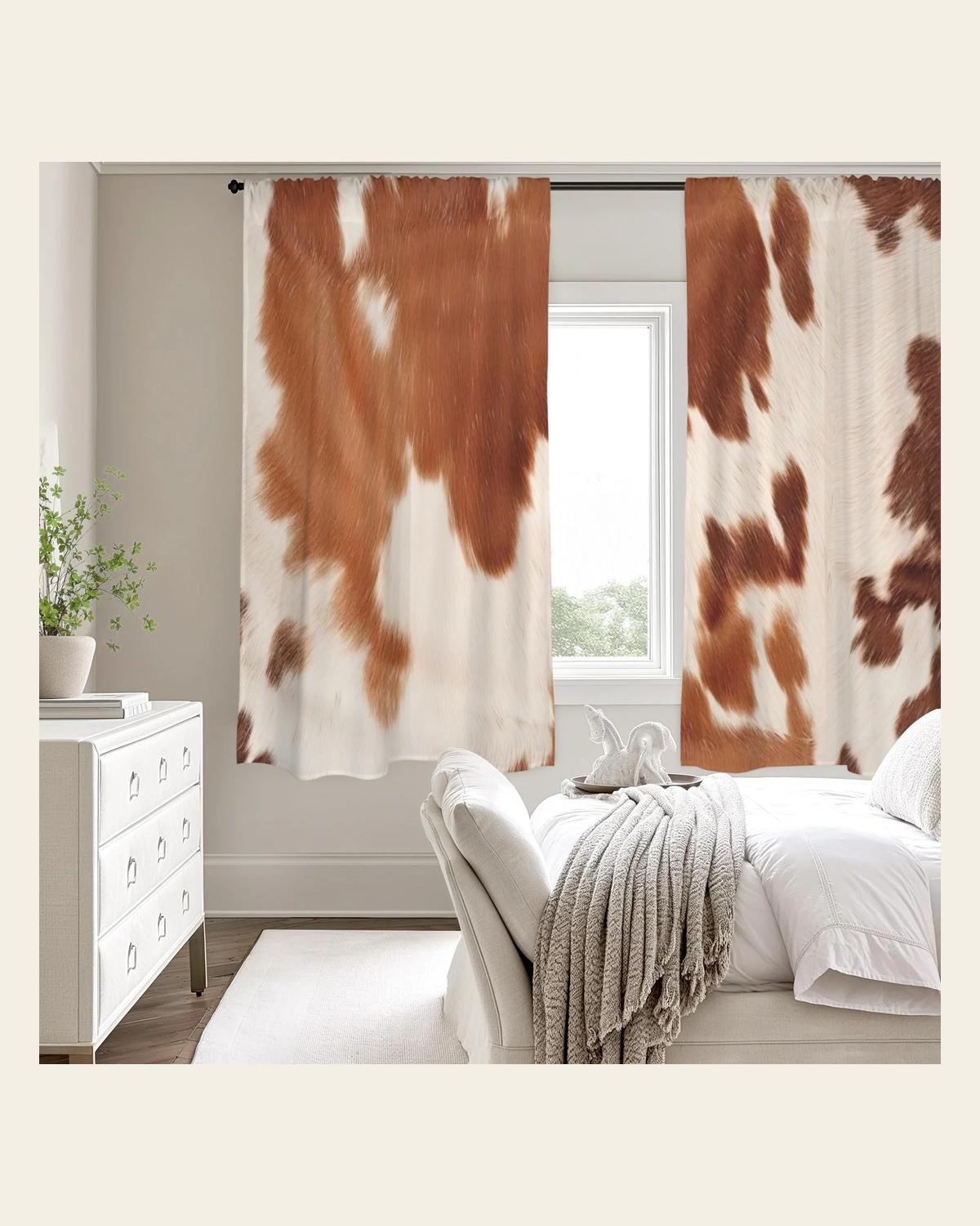 Baha Ranch Cow Hide Print Curtains 52" x 63" Made in America on a warm cream background