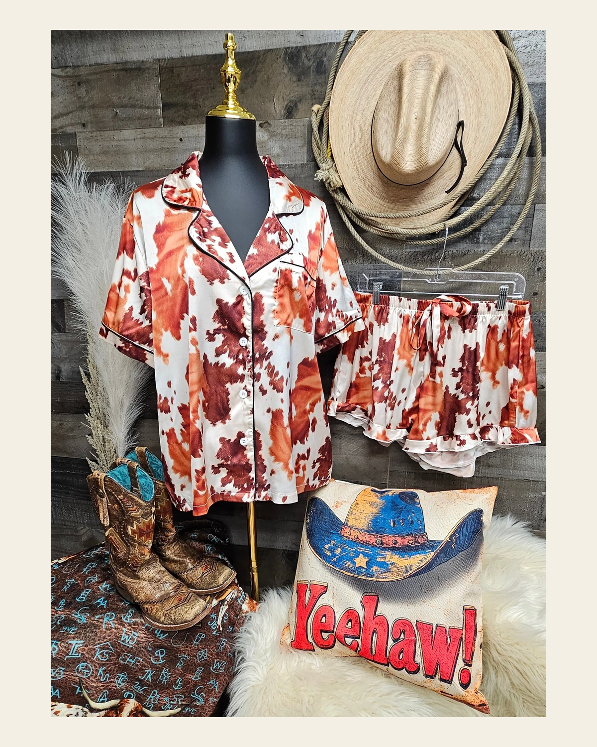 Baha Ranch Cow Hide Print Western Cowgirl Satin Pajama Set on a warm cream background