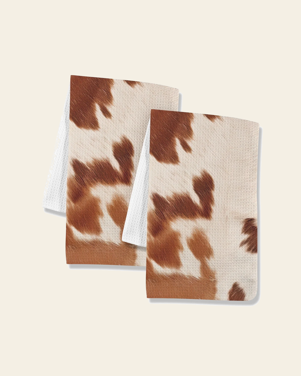 Baha Ranch Cow Print Set of 2 Dish Towels made in America Kitchen Towels on a warm cream background