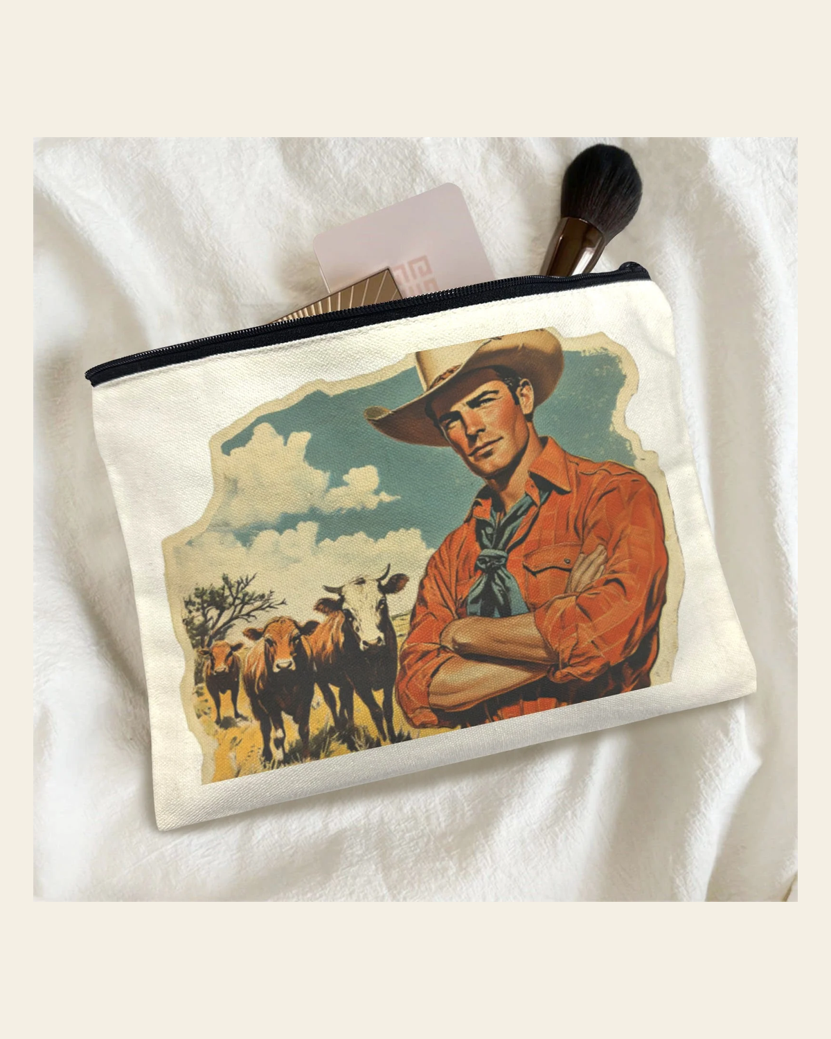 Baha Ranch Cowboy Cattle Rancher pack of 5 Cosmetic Bags Made in America on a warm cream background