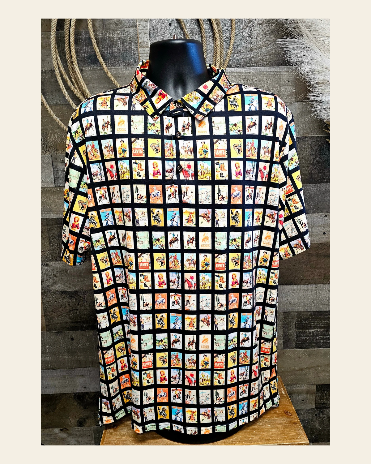 Baha Ranch Cowboy Collage Men's Western Polo Style Shirt on a warm cream background