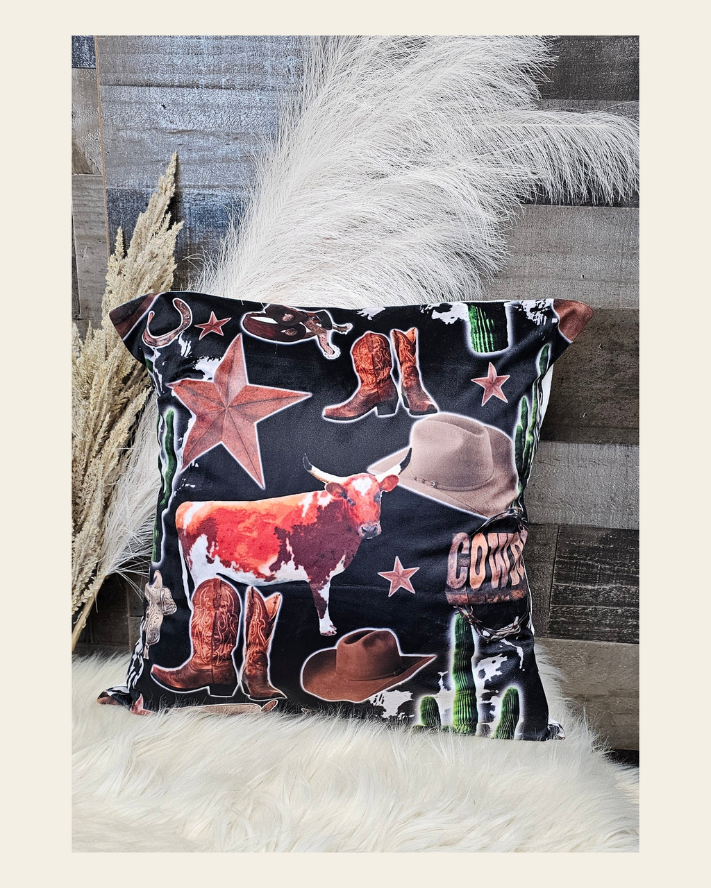 Baha Ranch Cowboy Collage Velvety Soft Throw Pillow Case Made in America on a warm cream background