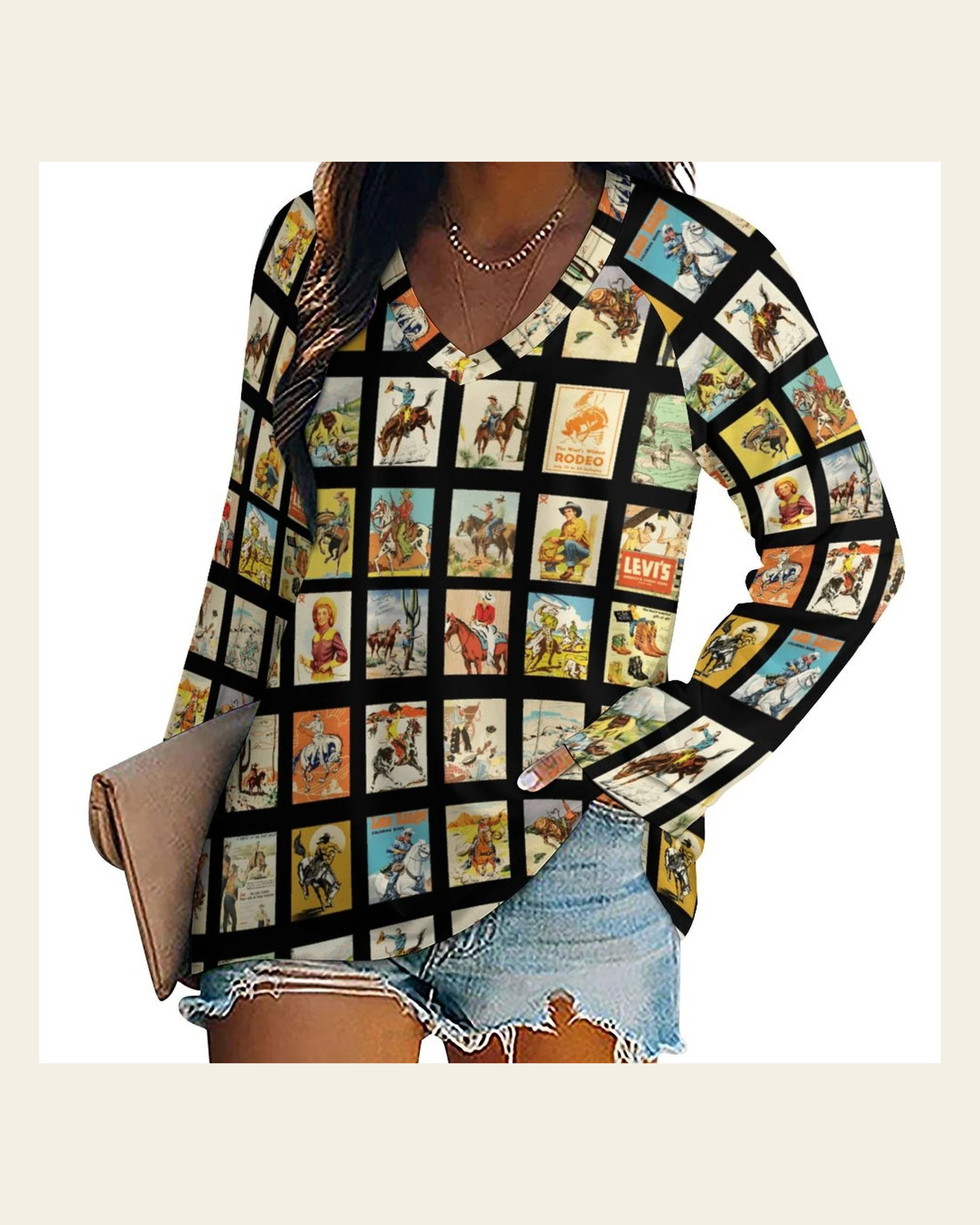 Baha Ranch Cowboy Collage Western Print Long Sleeve Top on a warm cream background