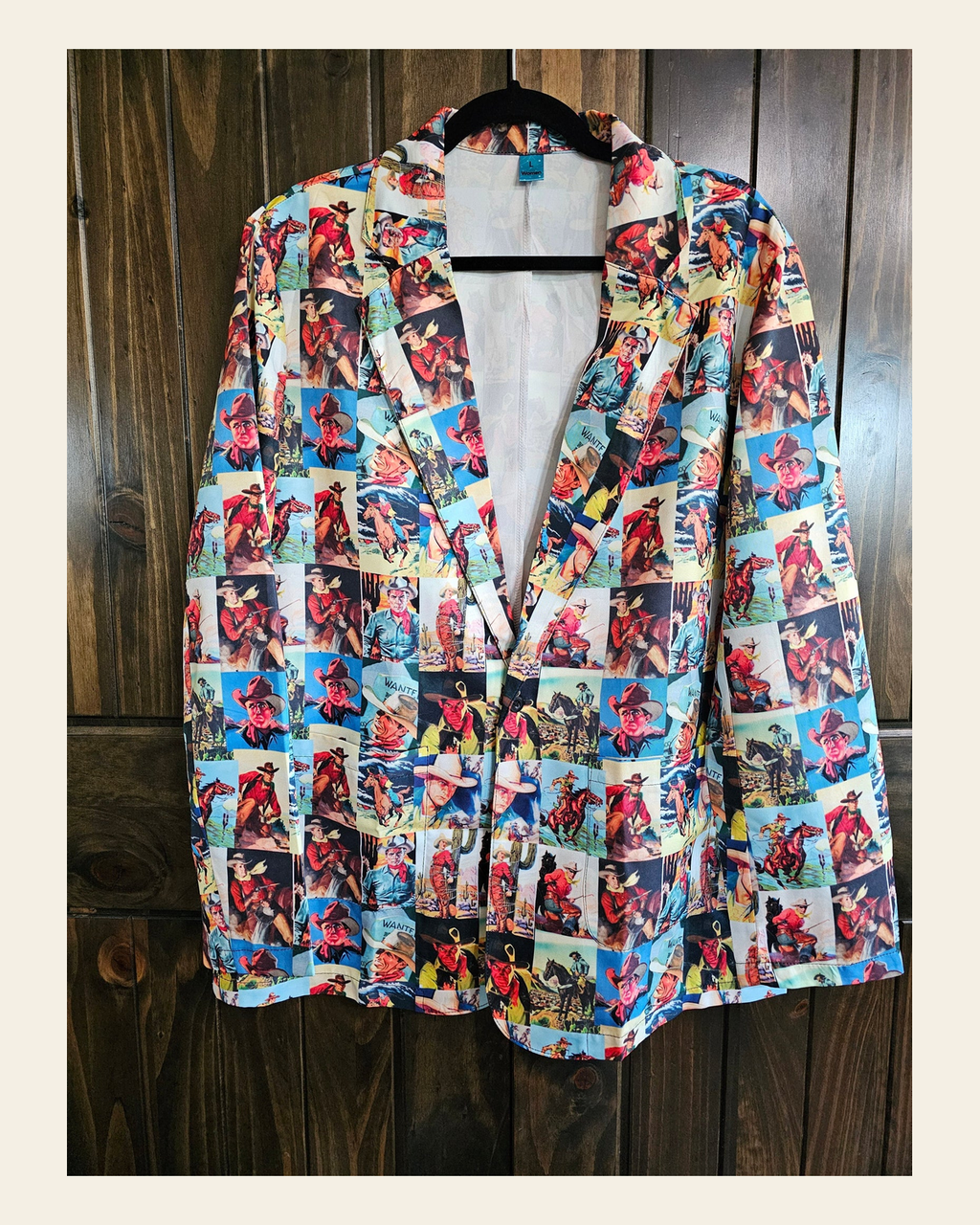 Baha Ranch Cowboy Collage Women's Western Blazer on a warm cream background