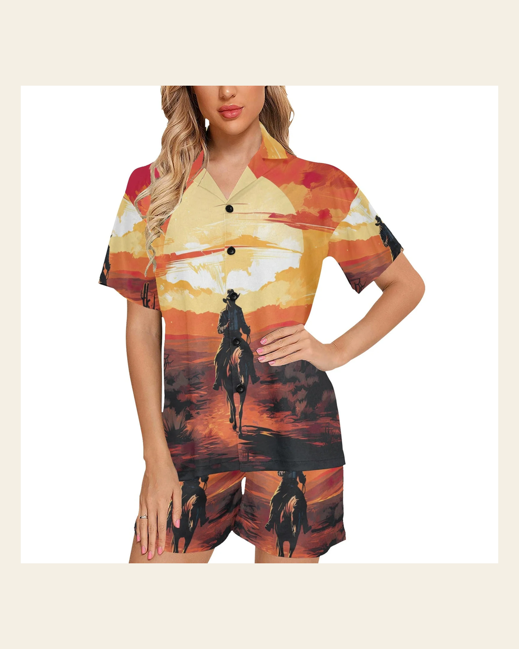 Baha Ranch Cowboy Desert Sunset Women's Western Pajama Set on a warm cream background