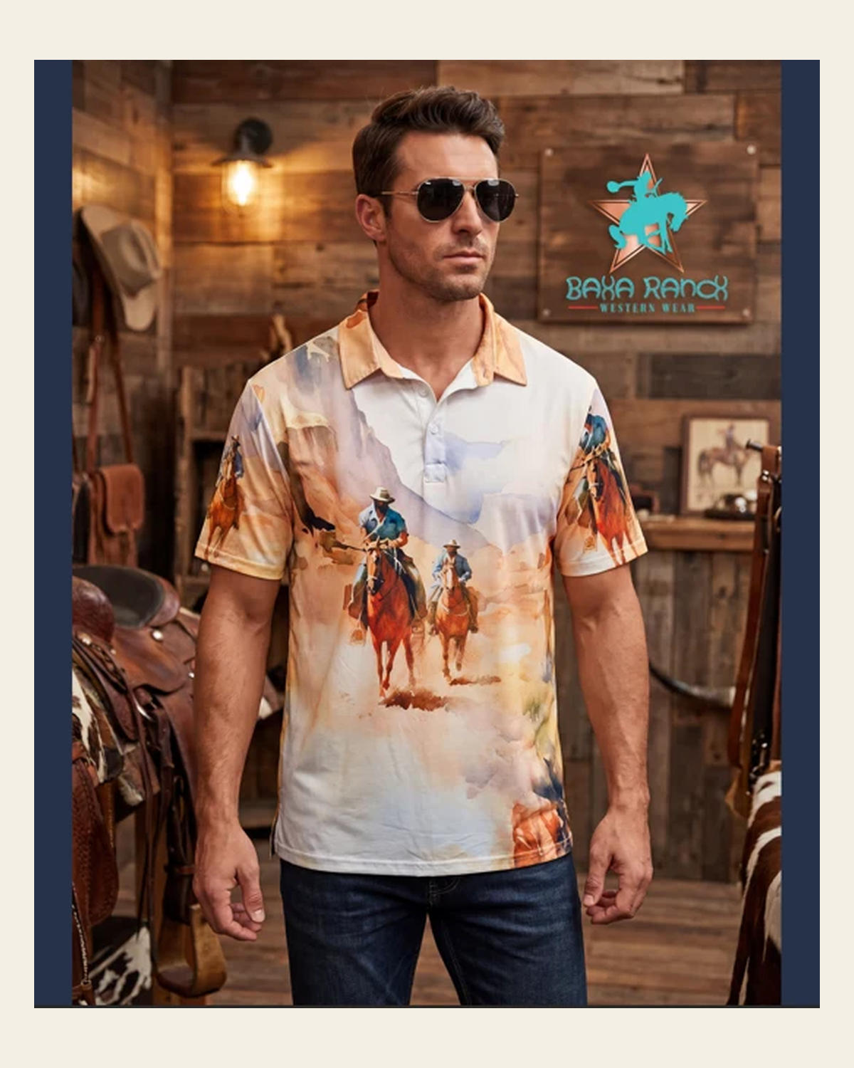 Baha Ranch Cowboy Legacy Men's Western Polo Shirt on a warm cream background