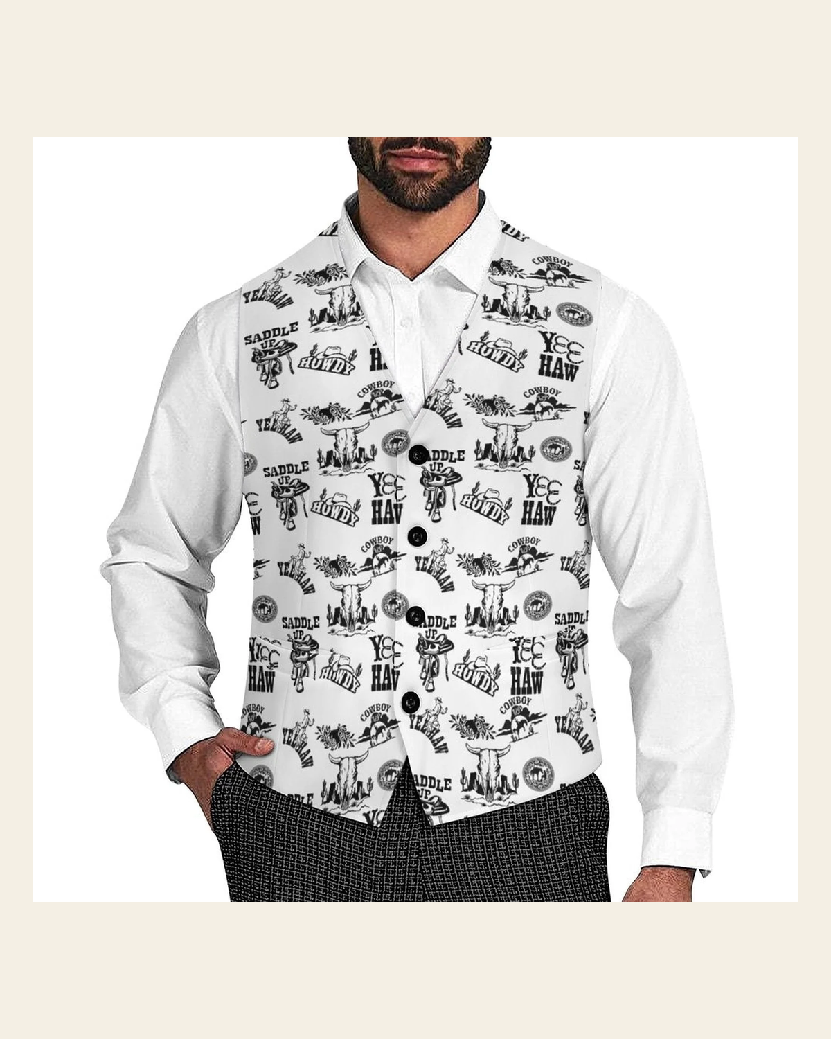 Baha Ranch Cowboy Print Men's Western Vest on a warm cream background