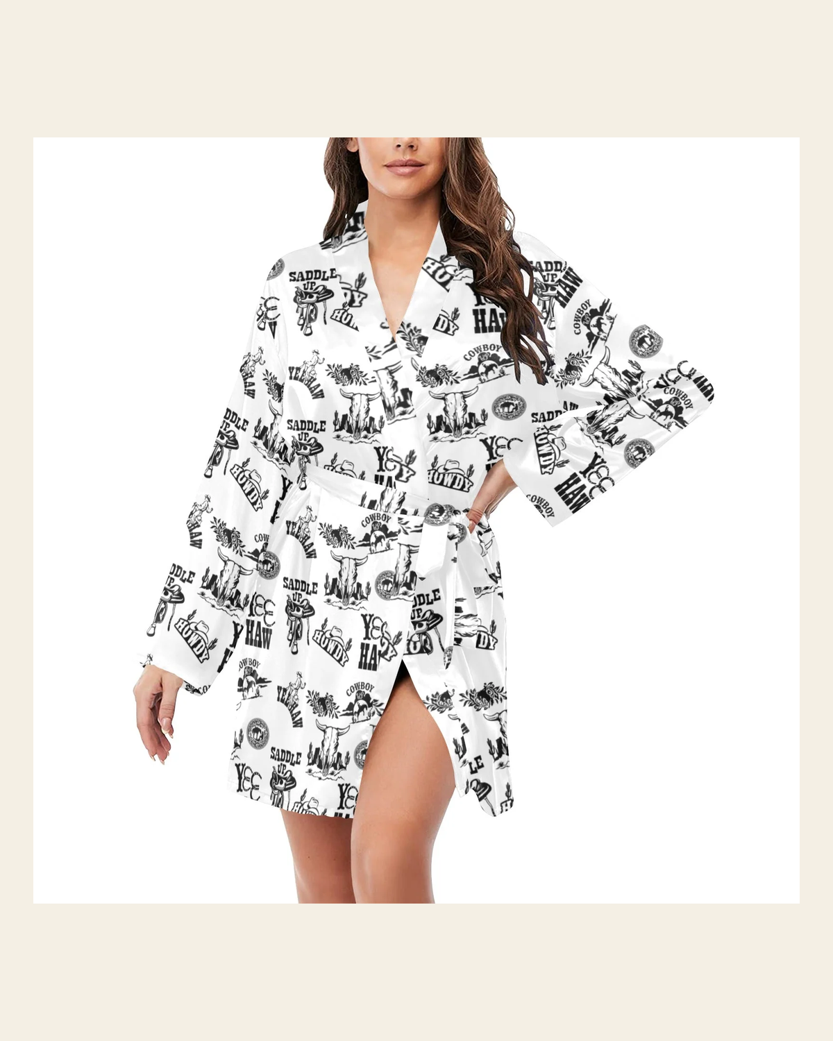 Baha Ranch Cowboy Print Western Satin Robe on a warm cream background
