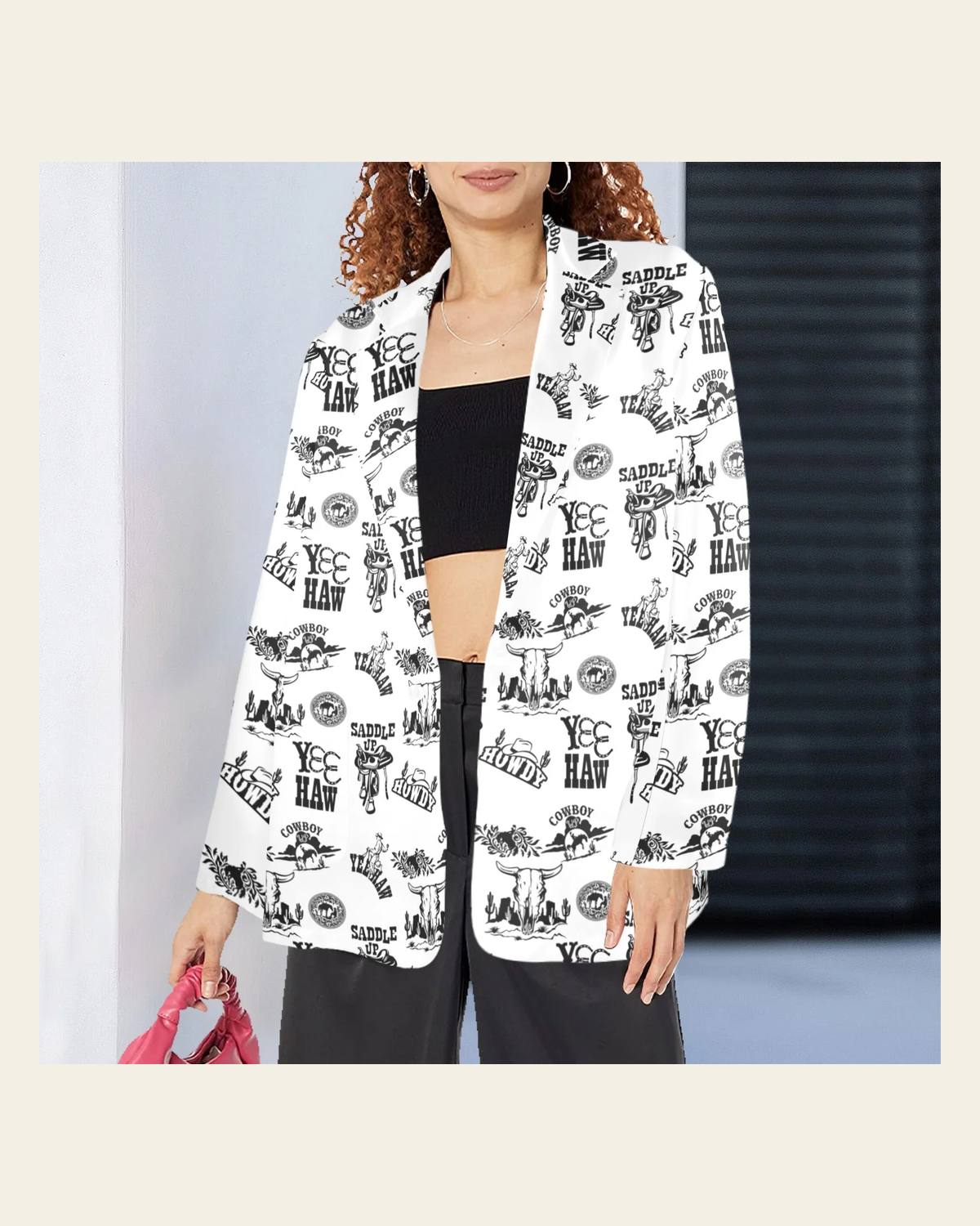 Baha Ranch Cowboy Print Women's Western Blazer on a warm cream background