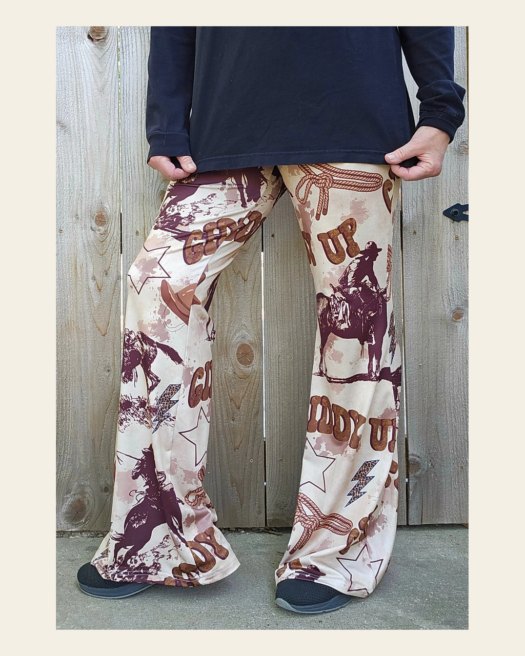 Baha Ranch Cowboy Ranch Flare Pants on a warm cream background