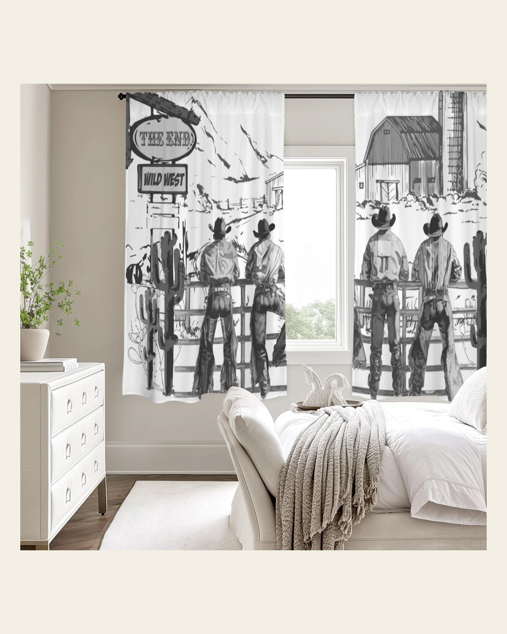 Baha Ranch Cowboy Ranch Window Curtain 52"x63" Made in America on a warm cream background