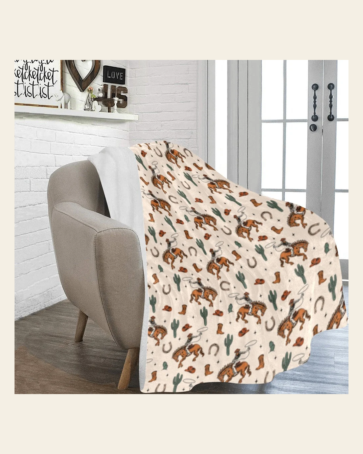 Baha Ranch Cowboy Rodeo Western Micro Fleece Blanket 60" x 80" Made in America on a warm cream background