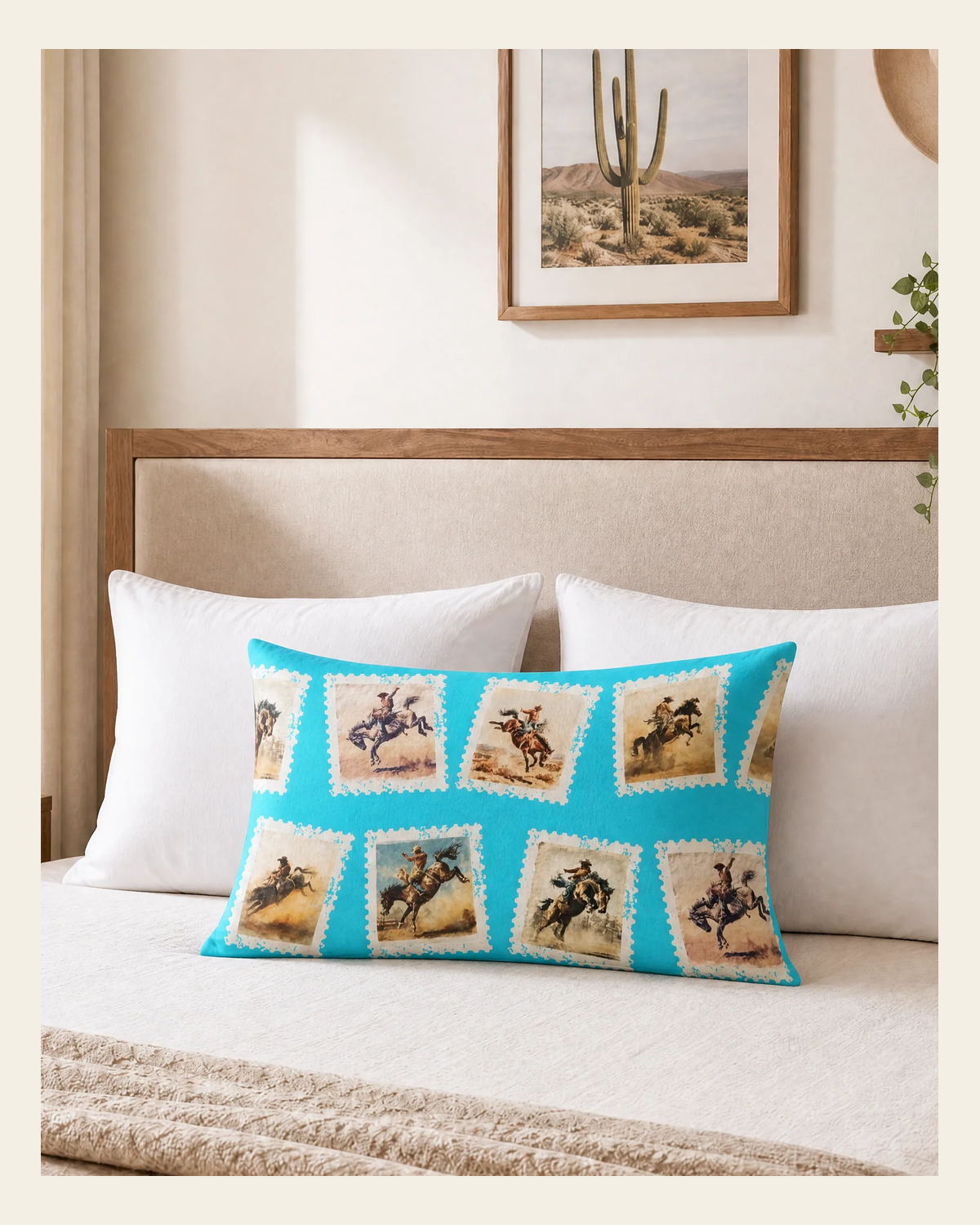 Baha Ranch Cowboy Stamp Turquoise Pillowcase Made in America on a warm cream background