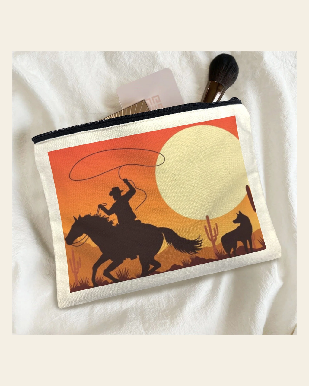 Baha Ranch Cowboy Sunset Cosmetic Bag Pack of 5 Made in America on a warm cream background