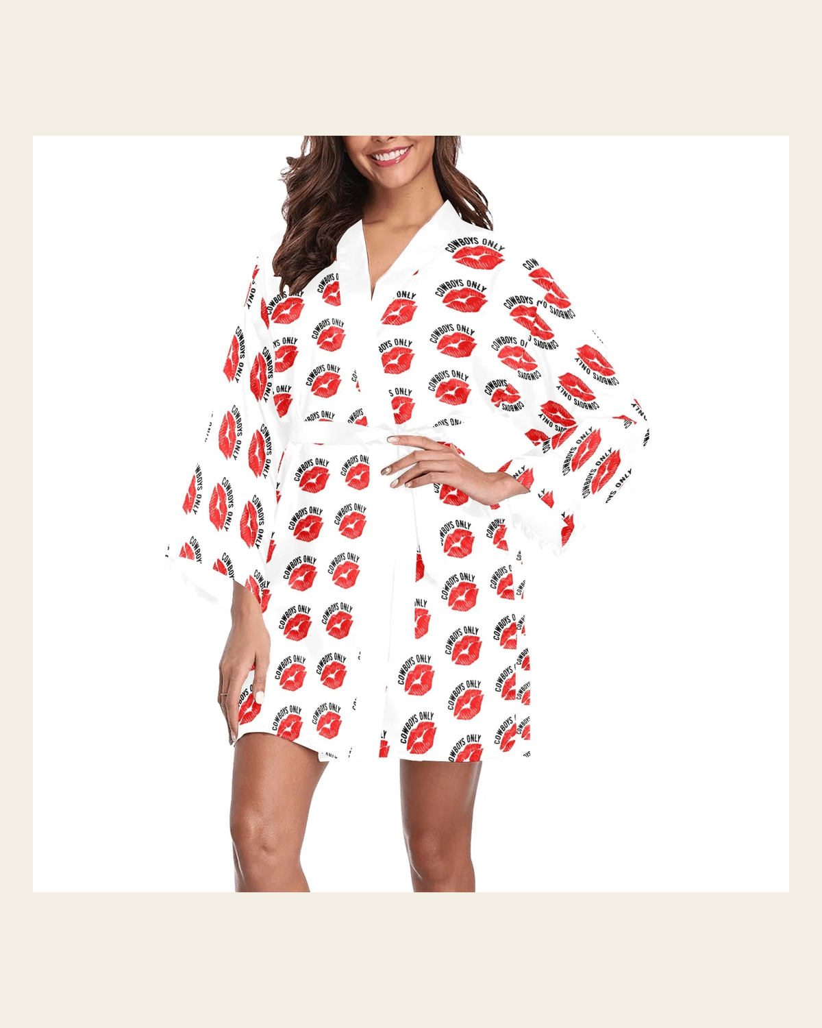Baha Ranch Cowboys Only Women's Lounge Kimono Robe on a warm cream background