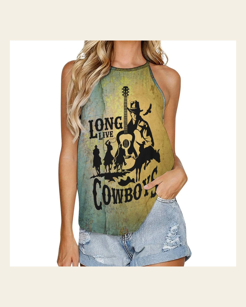 Baha Ranch Cowboys Print Women's Western Tank Top on a warm cream background