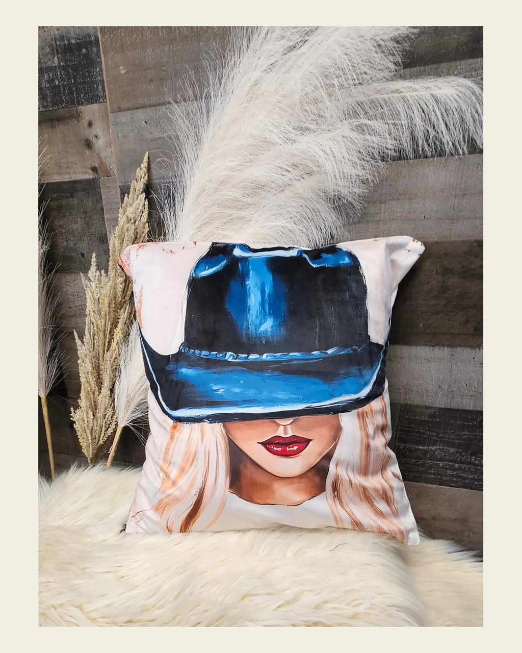 Baha Ranch Cowgirl Blonde Velvety Soft Throw Pillow Case Made in America on a warm cream background
