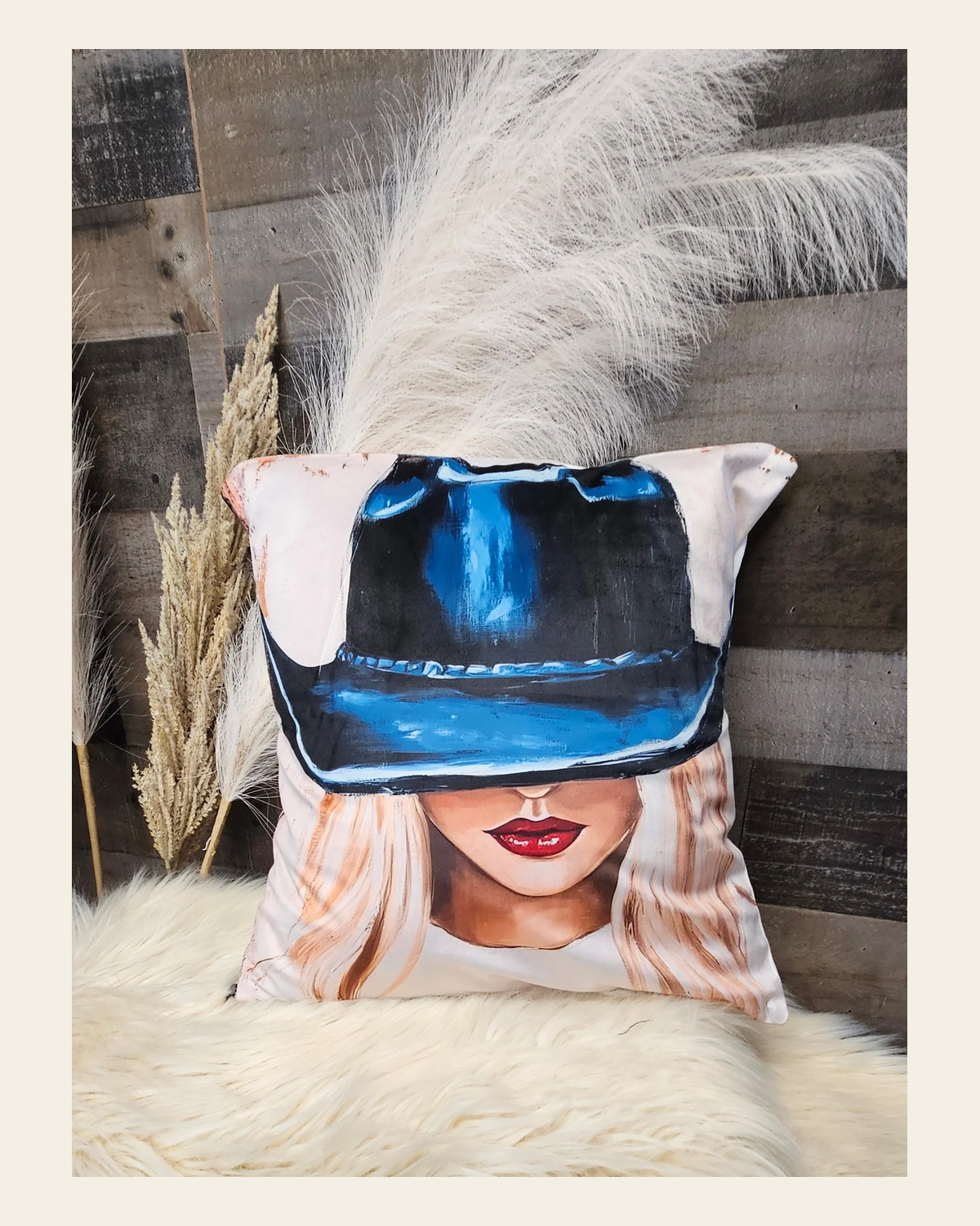 Baha Ranch Cowgirl Blonde Velvety Soft Throw Pillow Case Made in America on a warm cream background