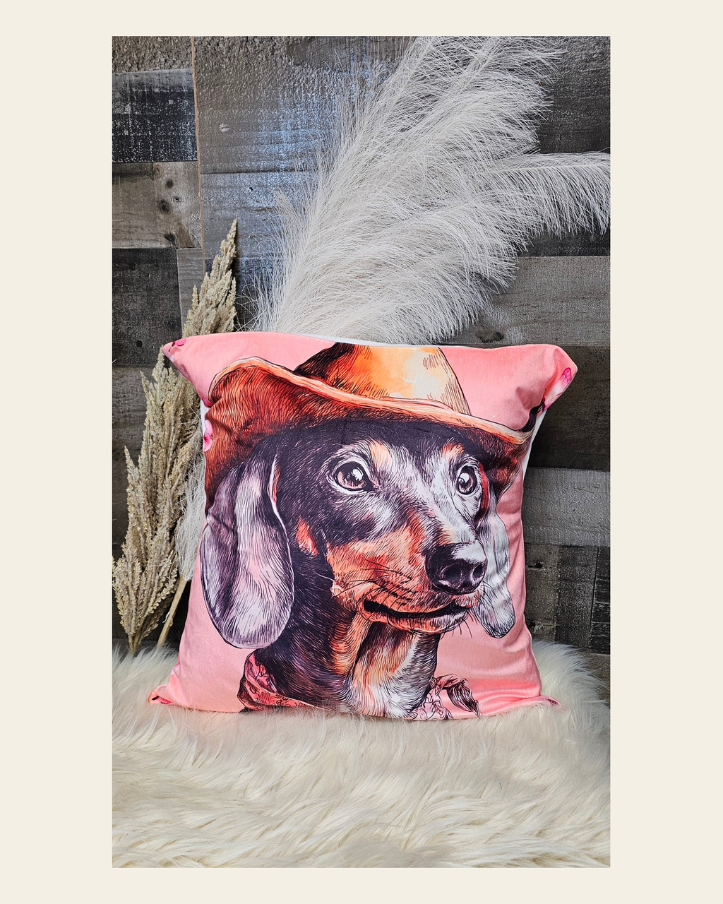 Baha Ranch Cowgirl Dachsund  Velvety Soft Throw Pillow Case Made in America on a warm cream background